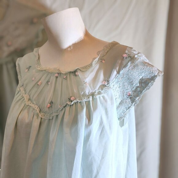 Vintage 60s 70s Sears Nightgown Robe & Shirt 3pc Set Blue Floral Lace Size S/M - Picture 5 of 10
